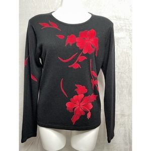 𝅺CATHY Daniels black acrylic flower print sweater Sz M